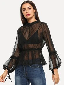Dobby Mesh Balloon Sleeve Peplum Blouse - Black - View 4