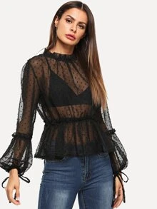 Dobby Mesh Balloon Sleeve Peplum Blouse - Black - View 1