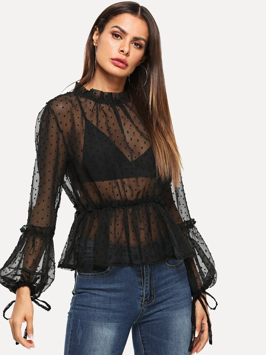 Dobby Mesh Balloon Sleeve Peplum Blouse - Black - View 1