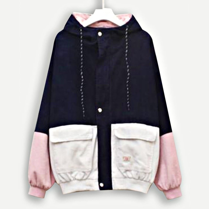 

Corduroy Color Block Drawstring Hooded Jacket, Multicolor