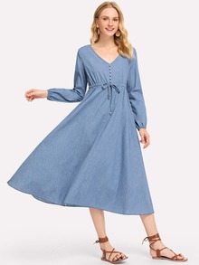 Drawstring  Waist Denim Dresses