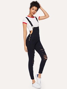 Pocket Extremely Distressed Denim Overalls