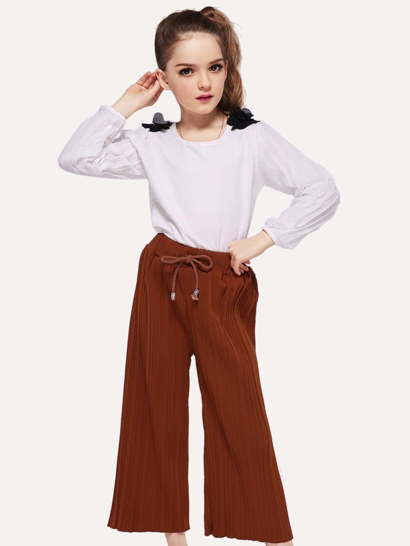 

Girls Contrast Mesh Solid Blouse, White
