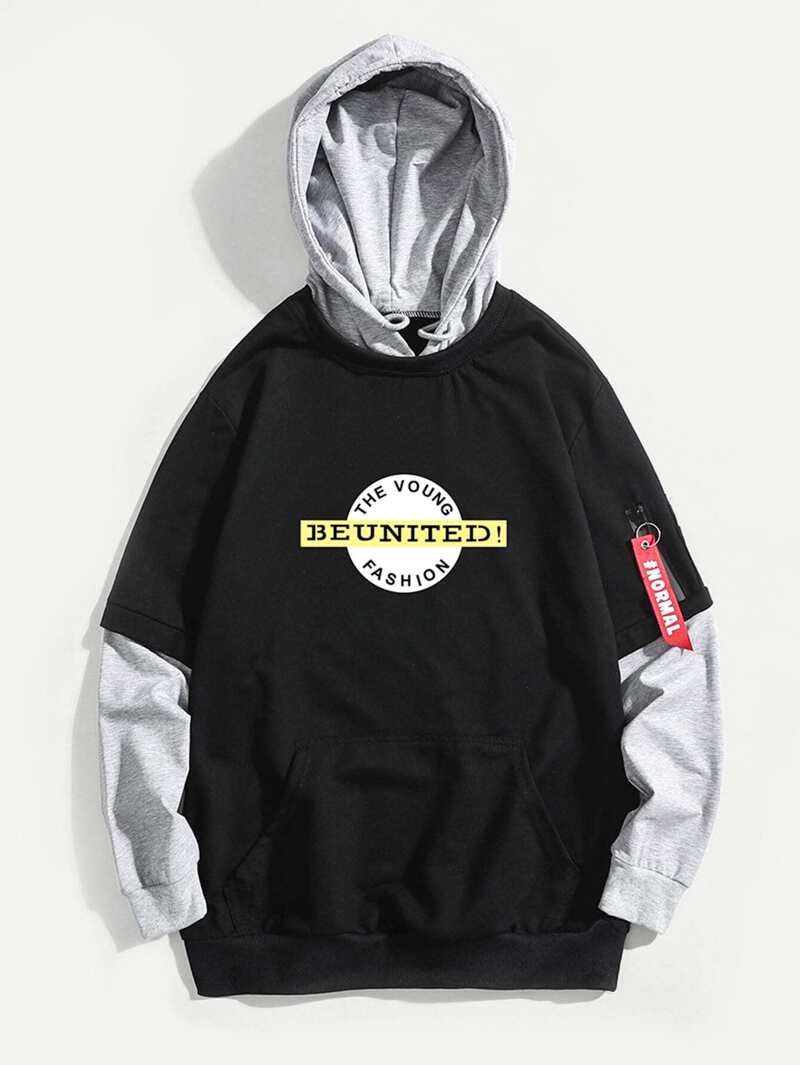 

Men Letter Print 2 In 2 Hooded Sweatshirt, Black
