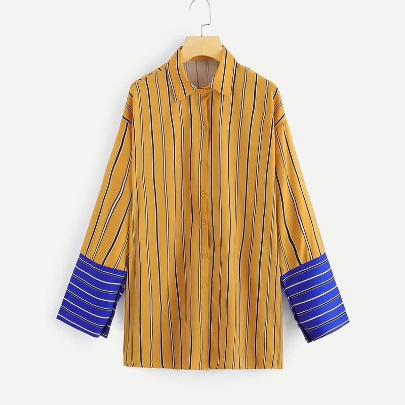 

Striped Single Breasted Colorblock Blouse, Yellow
