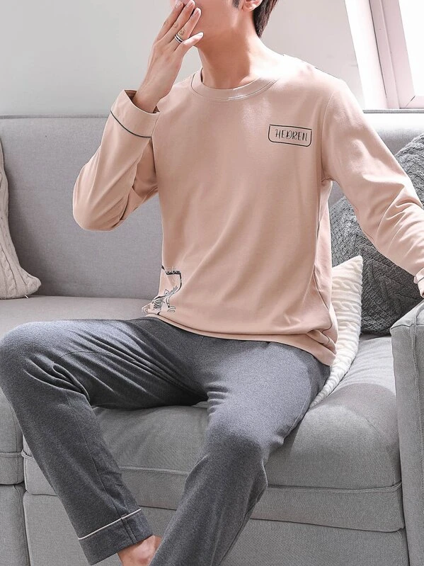 Uomo Top SONNO TUTA PIGIAMA TAGLIA M fino a 3xl Beige con Motivo Nuovo