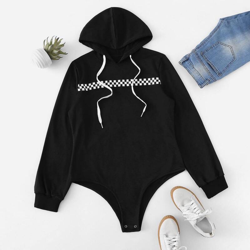 

Gingham Tape Hooded Bodysuit, Black