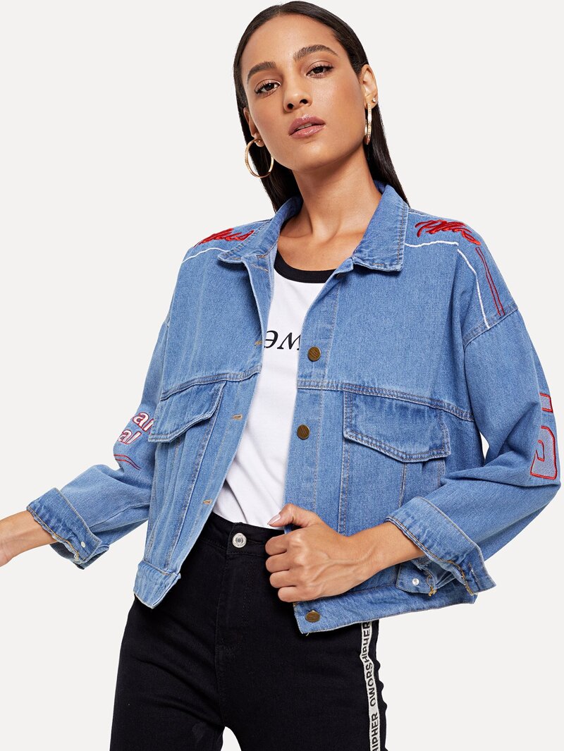 

Denim Drop Shoulder Embroidered Jacket, Blue, Kary