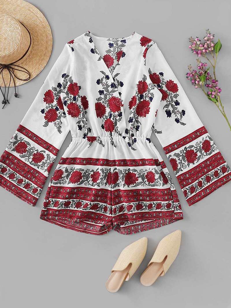 

V Neck Floral Print Jumpsuit, Multicolor