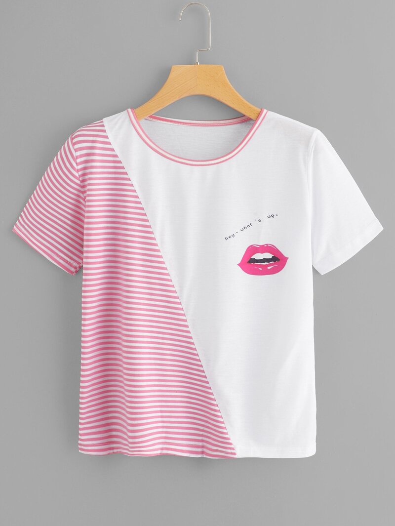 

Striped Panel Mouth Print Tee, White