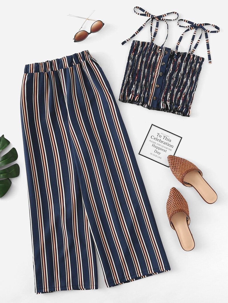 

Tie Shoulder Striped Cami With Pants, Navy