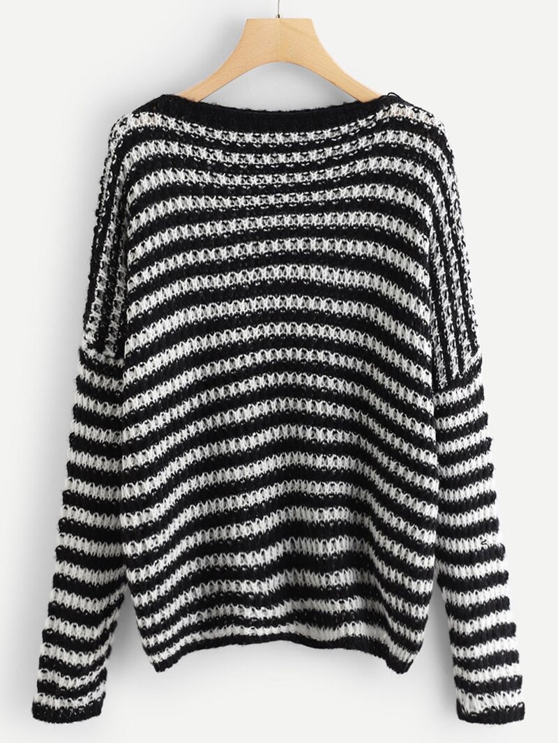 

Plus Drop Shoulder Striped Sweater, Black and white