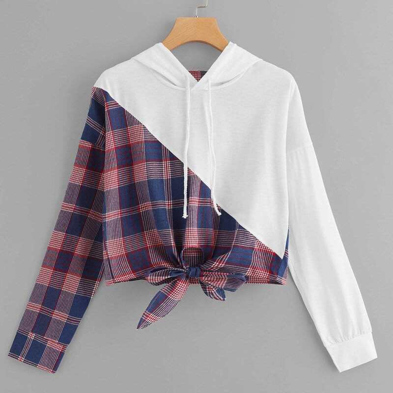 

Knot Front Plaid Hooded Sweatshirt, Multicolor