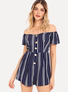 Vertical Striped Button Up Bardot Romper