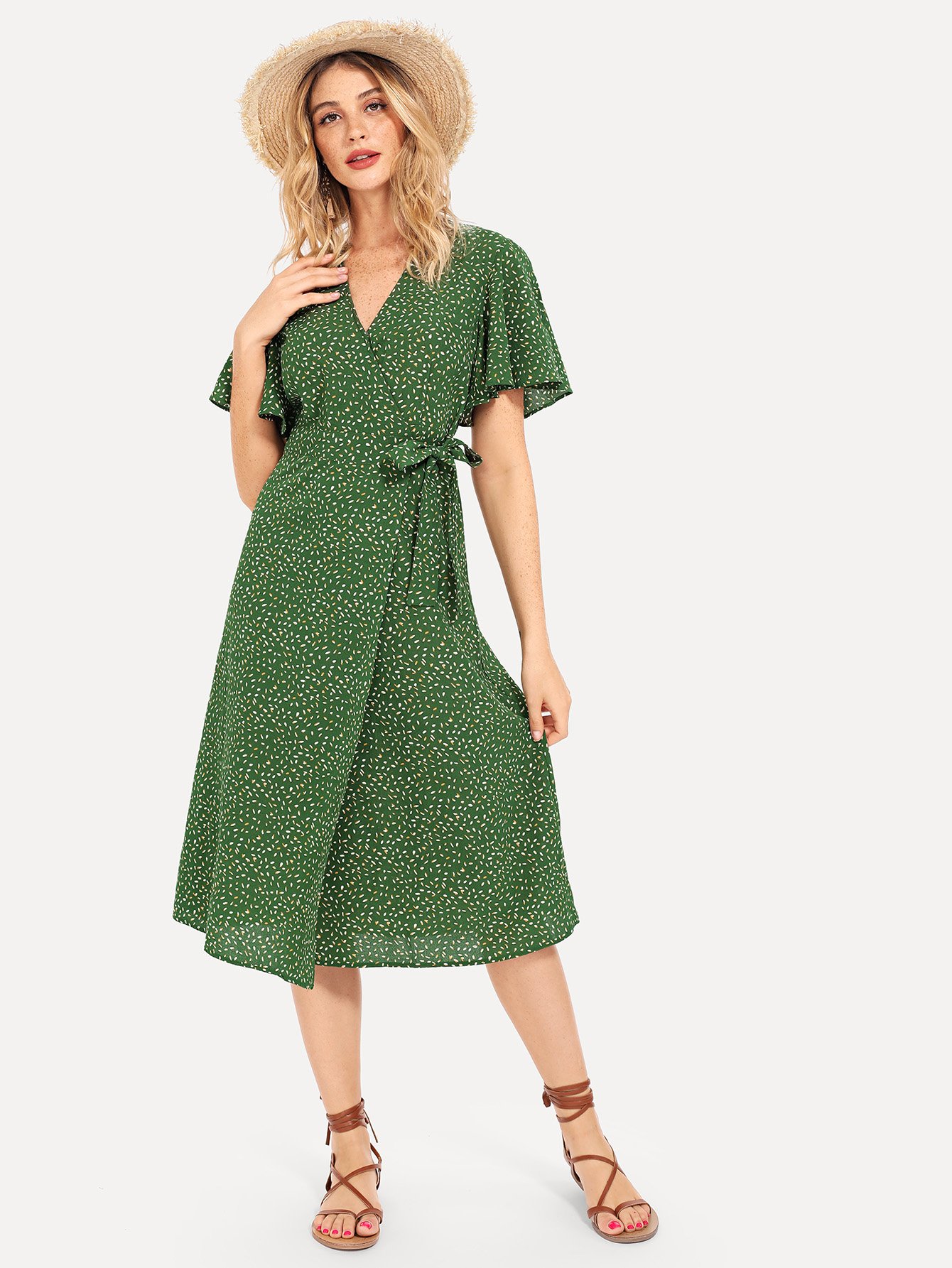 ruffle cuff knot side surplice wrap dress
