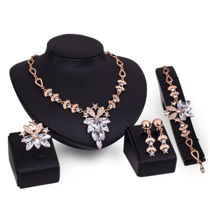 

Rhinestone Necklace & Earrings & Bracelet & Ring, White