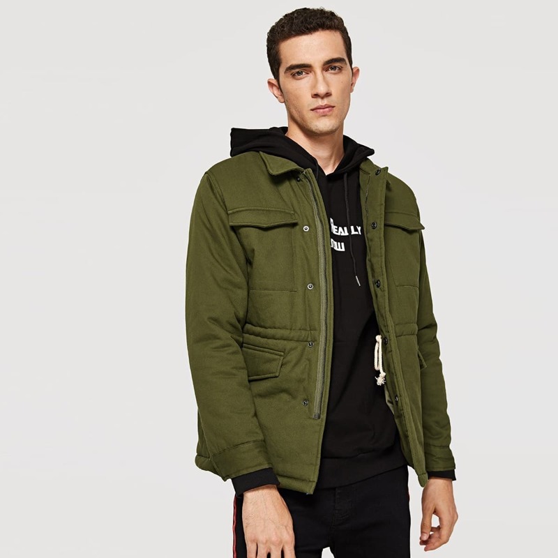 

Guys Zip and Button Up Flap Pocket Jacket, Army green