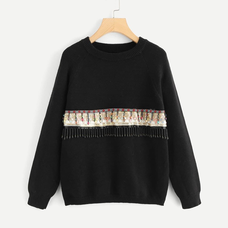 

Beaded And Embroidery Front Sweater, Black