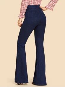 SHEIN High Waisted Tie Waist Flare Leg Jeans - Navy Blue - View 2
