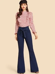 SHEIN High Waisted Tie Waist Flare Leg Jeans - Navy Blue - View 4