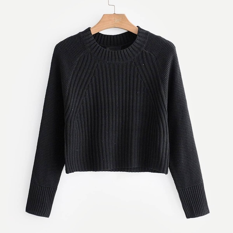 

Solid Raglan Sleeve Crop Sweater, Black
