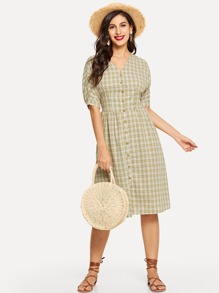 Button Front Tartan Plaid Dress