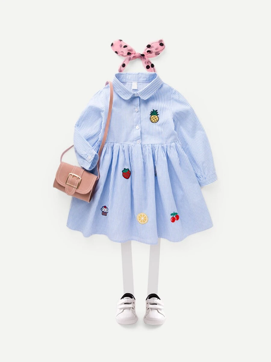 小童女孩水果刺繡條紋裙子
