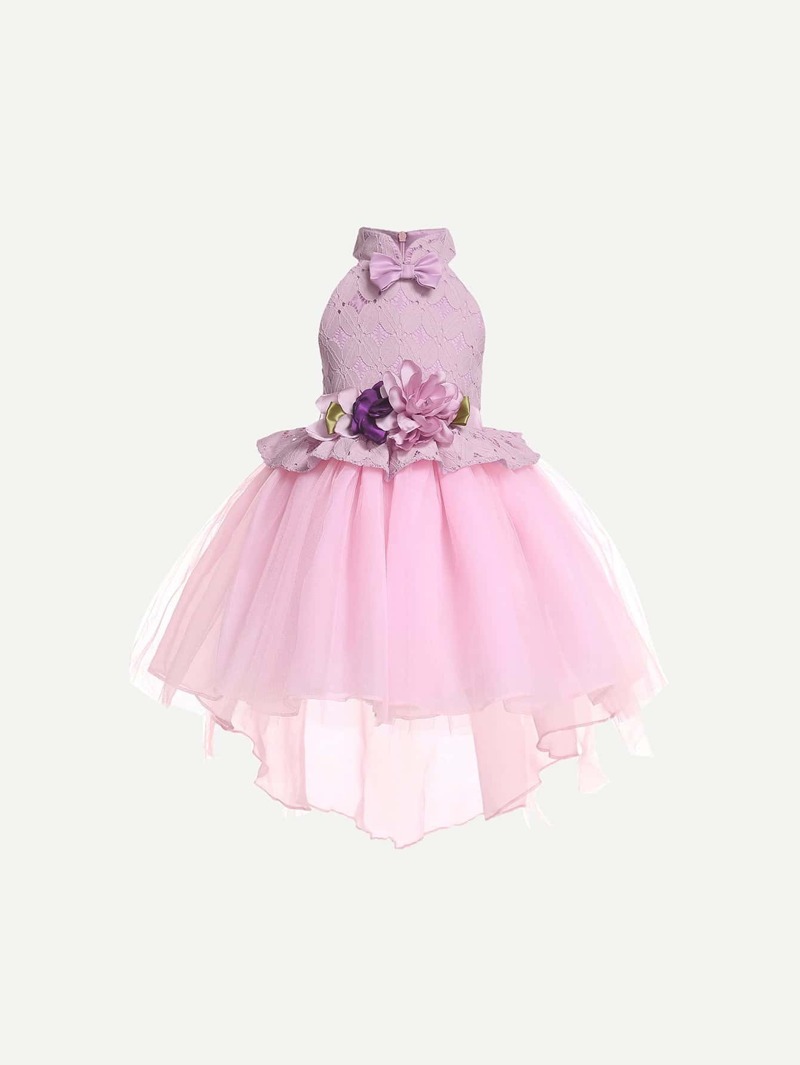 

Girls Tie Neck Appliques Contrast Mesh Halter Dress, Pink