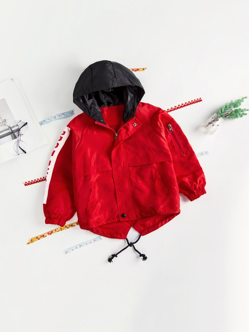 

Boys Drawstring Letter Print Hooded Jacket, Red