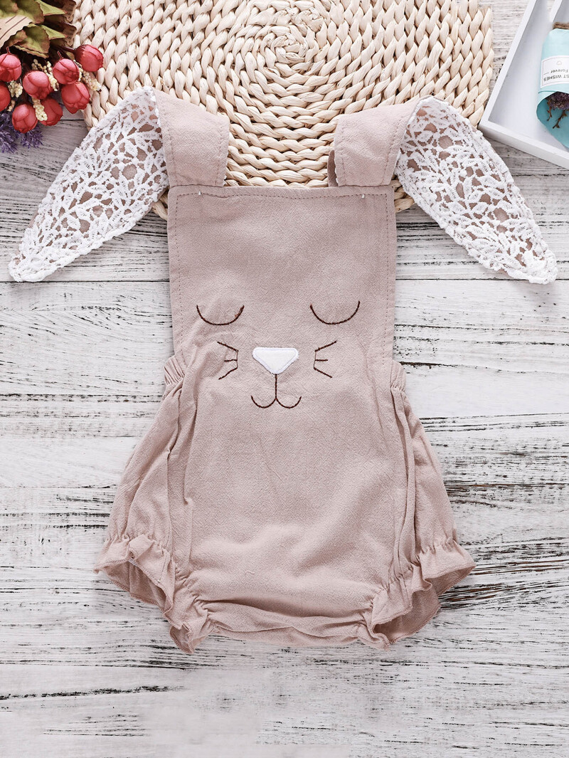 

Girls Cartoon Print Romper, Khaki