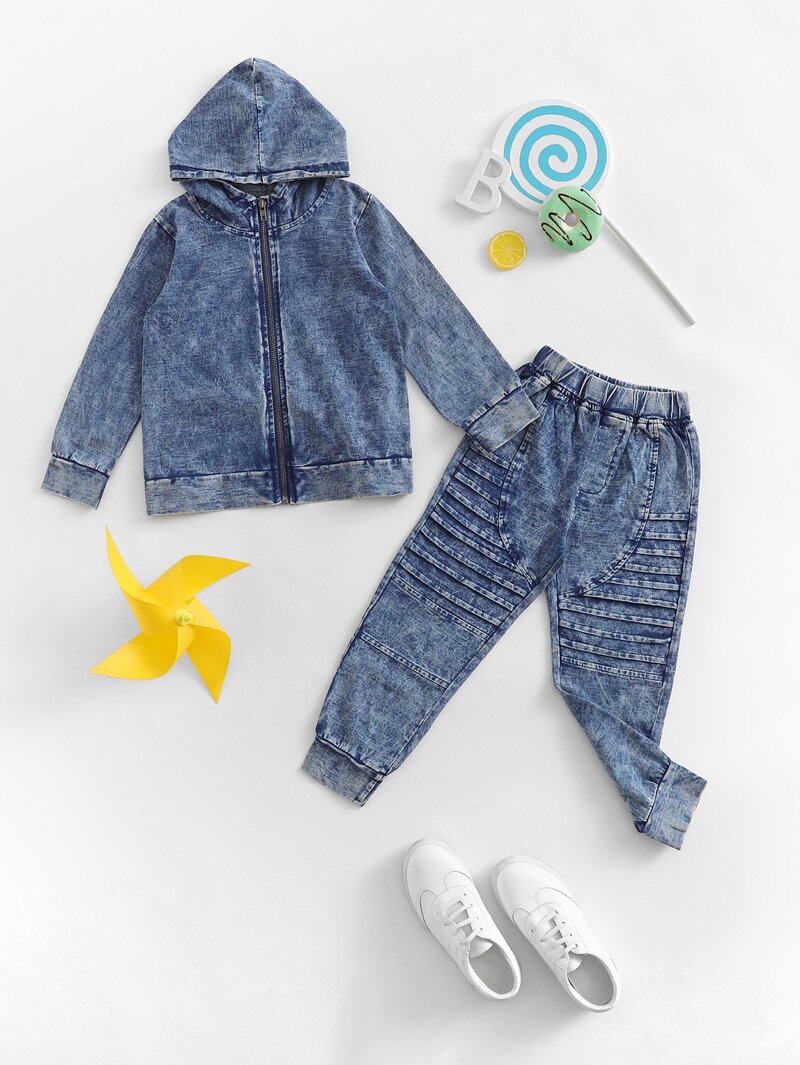 

Boys Hooded Denim Jacket With Jeans, Blue