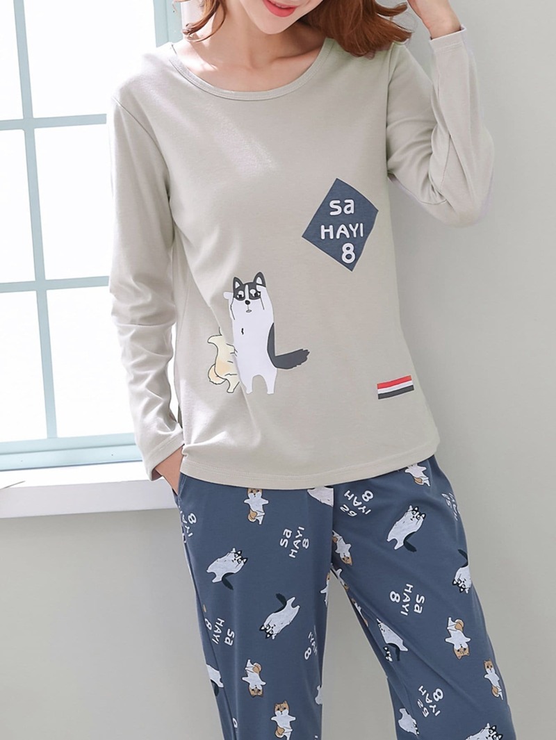 

Dog & Letter Print Pajama Set, Multicolor