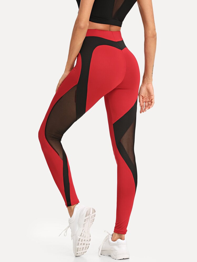 Contrast Mesh Skinny Leggings - Red - View 1