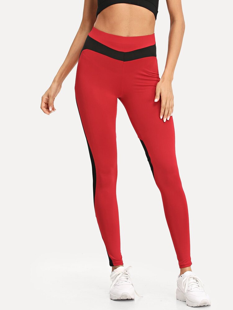 Contrast Mesh Skinny Leggings - Red - View 2