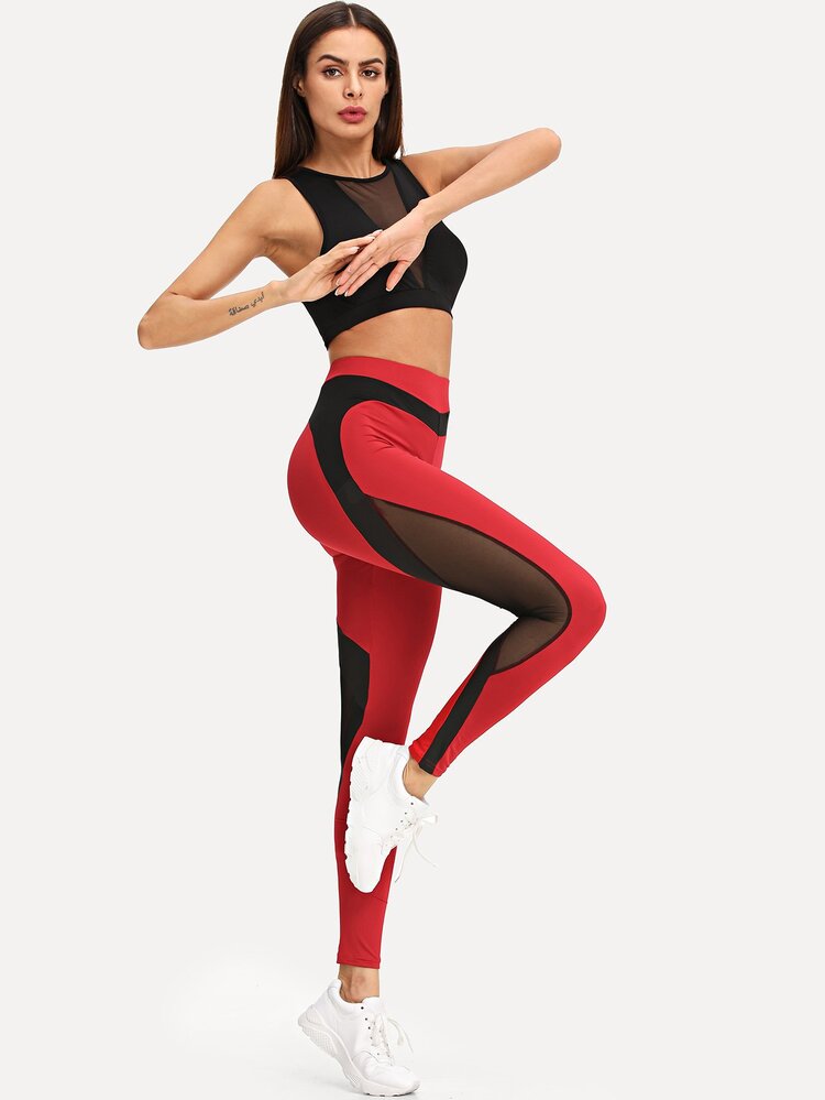 Contrast Mesh Skinny Leggings - Red - View 4