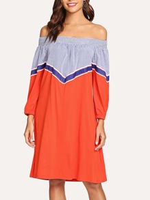 Striped Off The Shoulder Colorblock Dress