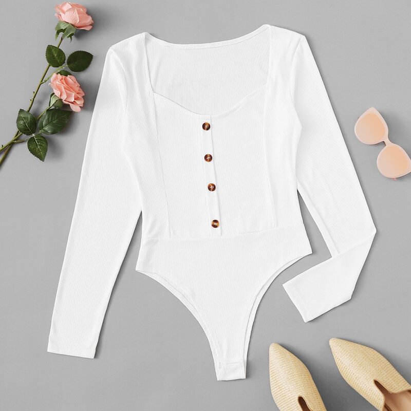 

Single Breasted Ribbed Bodysuit, White