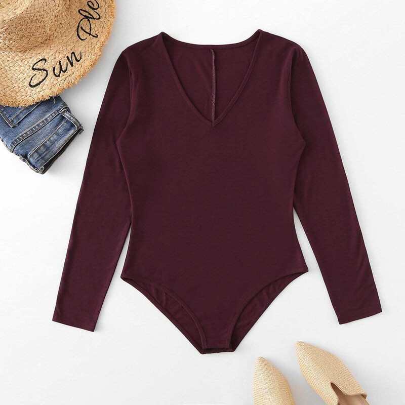 

V Neckline Solid Bodysuit, Burgundy