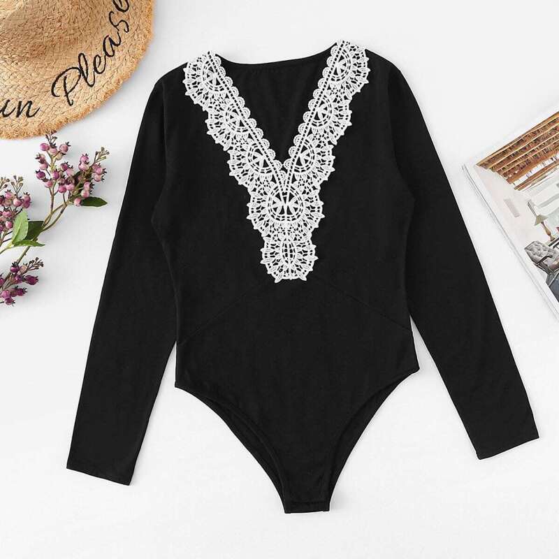 

Lace Panel Skinny Bodysuit, Black