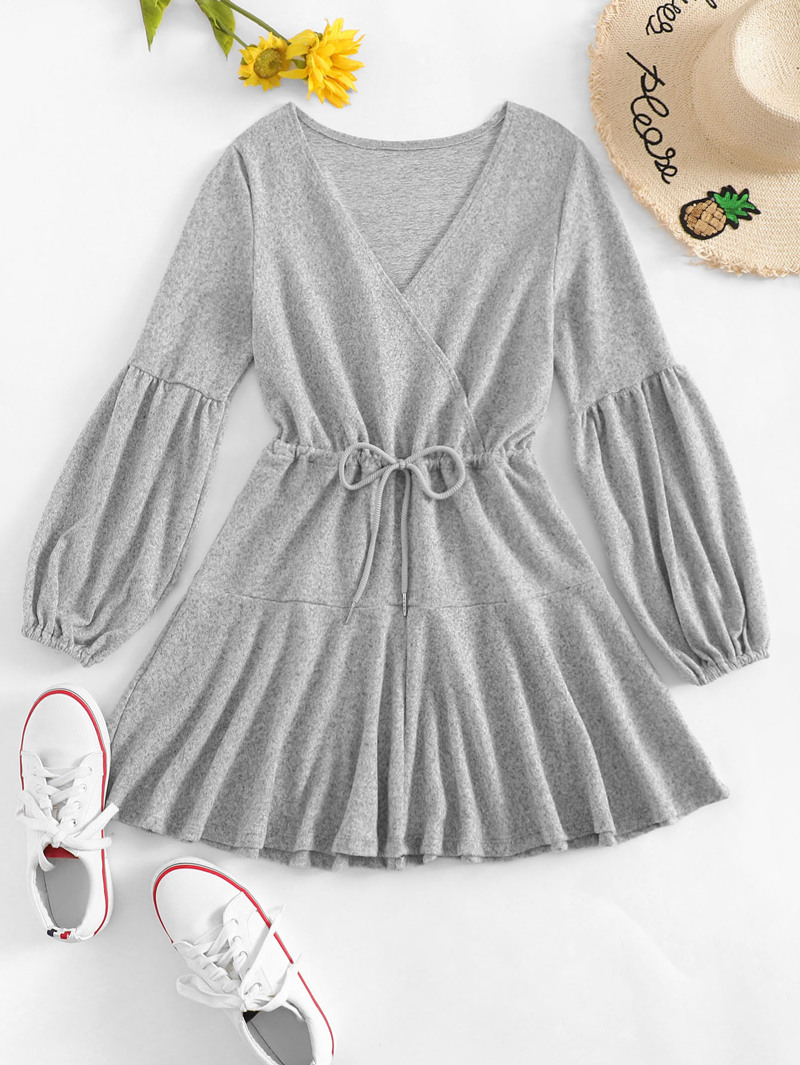 

Drawstring Waist Lantern Sleeve Dress, Grey