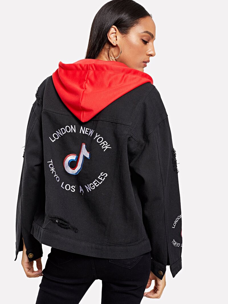 

Denim Slogan Embroidered Hooded Jacket, Black, Kary