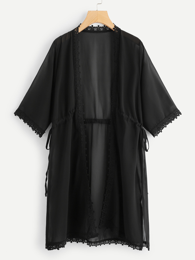 

Lace Trim Drawstring Waist Kimono, Black