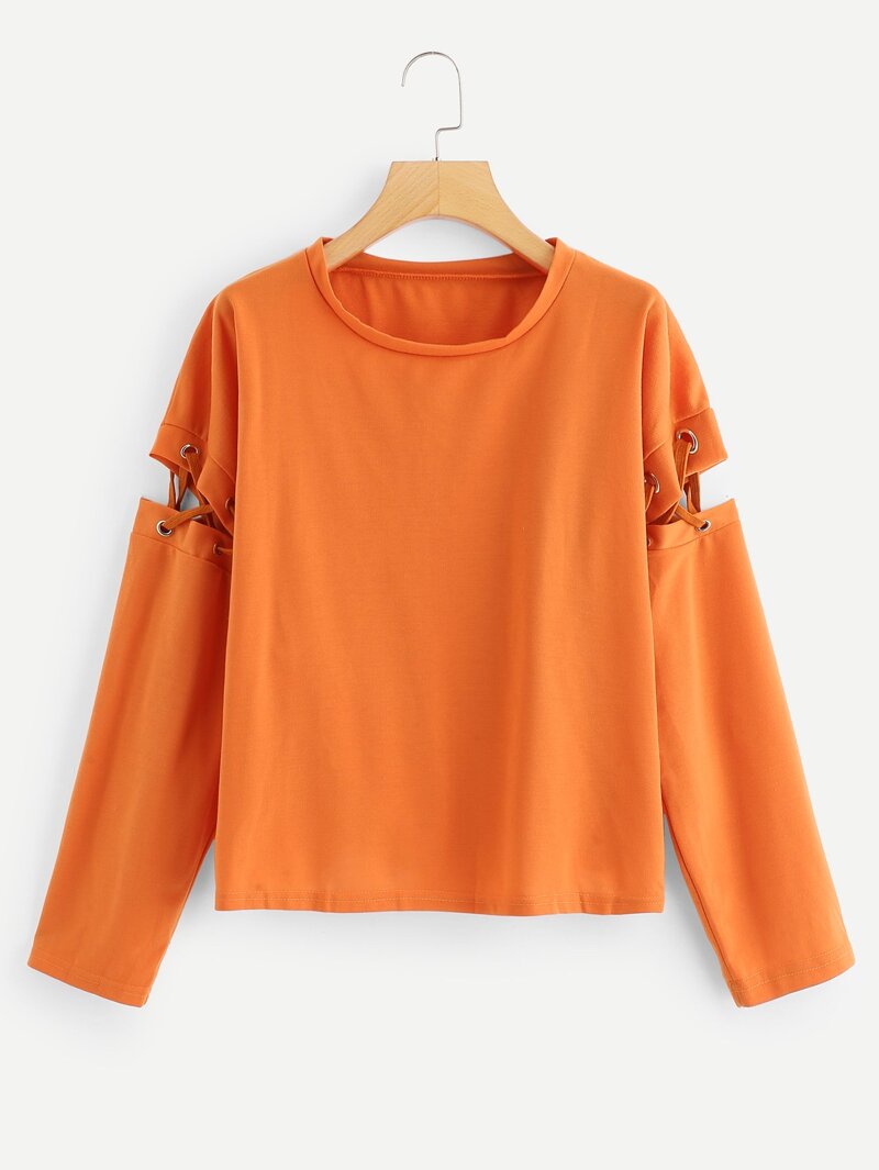 

Lace Up Sleeve Solid Sweatshirt, Orange