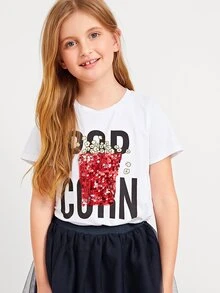 SHEIN Girls Letter Graphic  Sequin Popcorn Tee - White - View 3