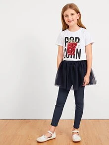 SHEIN Girls Letter Graphic  Sequin Popcorn Tee - White - View 5