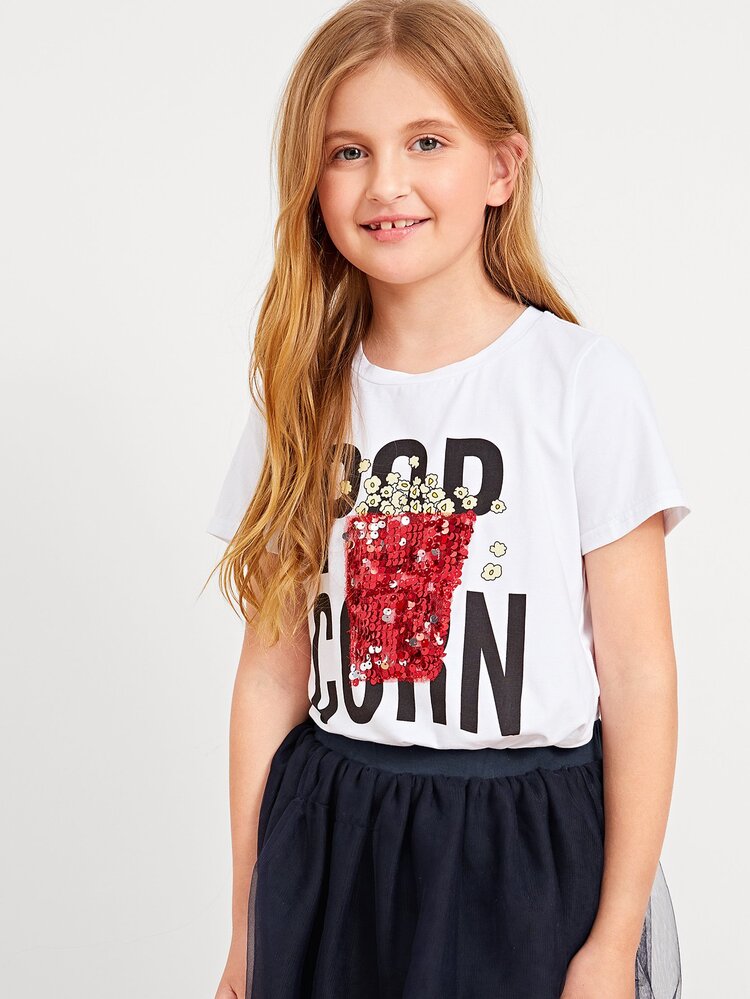 SHEIN Girls Letter Graphic  Sequin Popcorn Tee - White - View 4