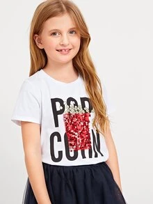 SHEIN Girls Letter Graphic  Sequin Popcorn Tee - White - View 1