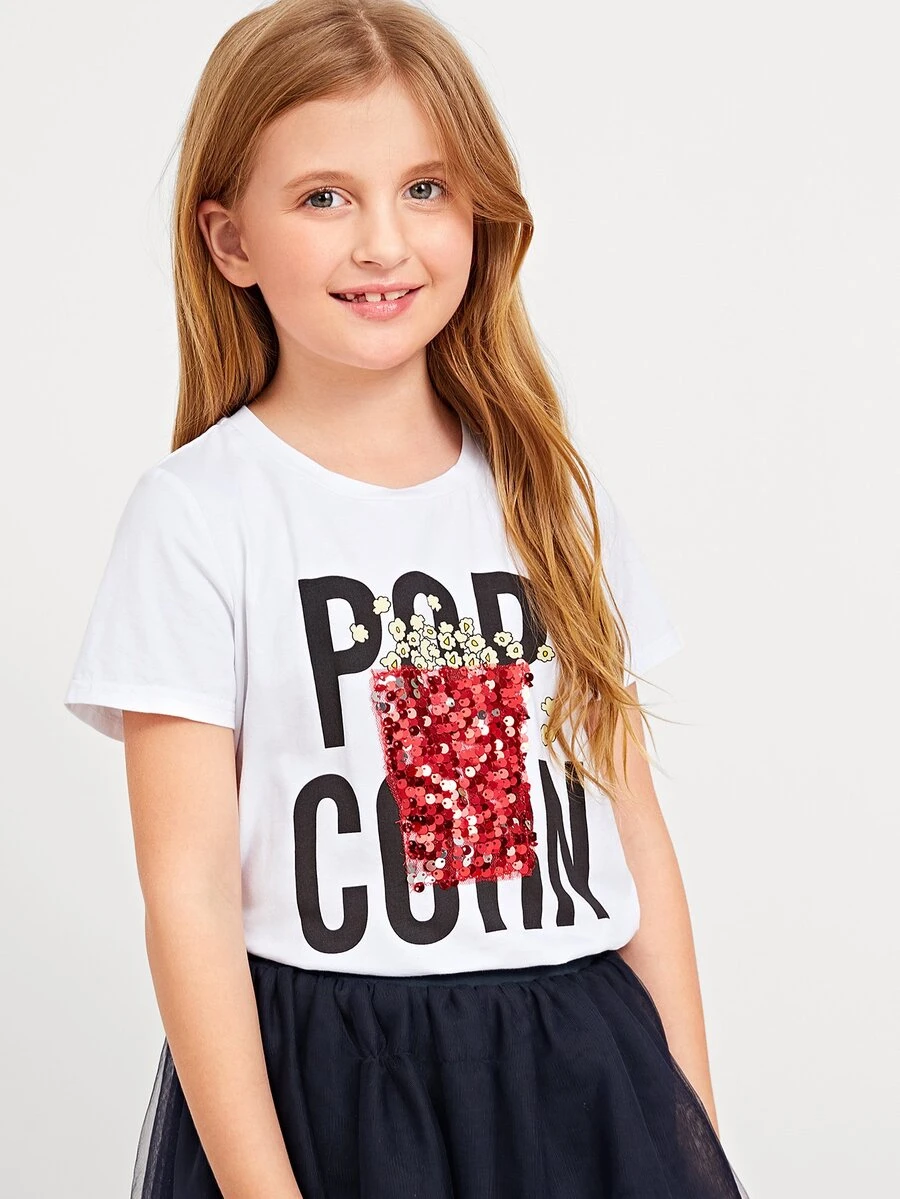 SHEIN Girls Letter Graphic  Sequin Popcorn Tee - White - View 1
