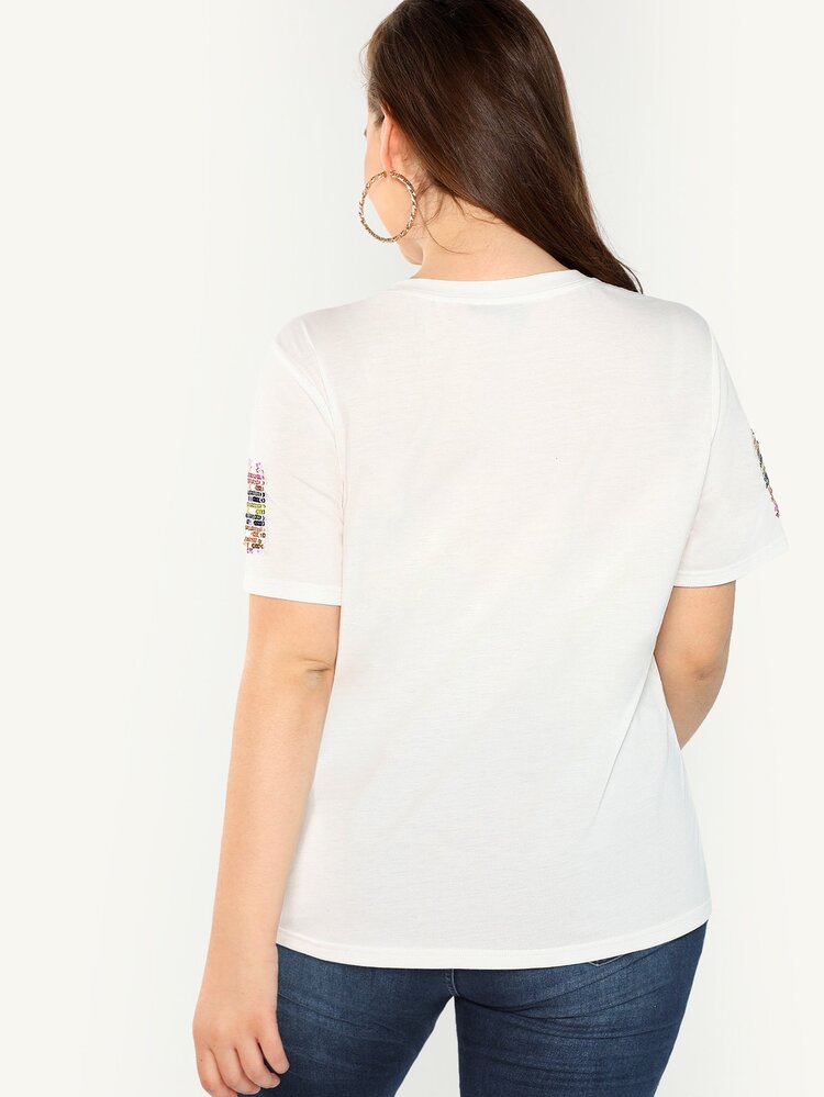 SHEIN T-Shirt mit Pailletten, Streifen und kurzen Ärmeln - Weiss - Übersicht 2