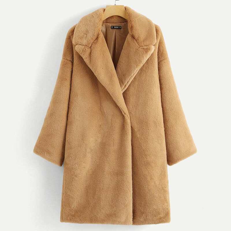 

Button Front Faux Fur Teddy Coat, Camel